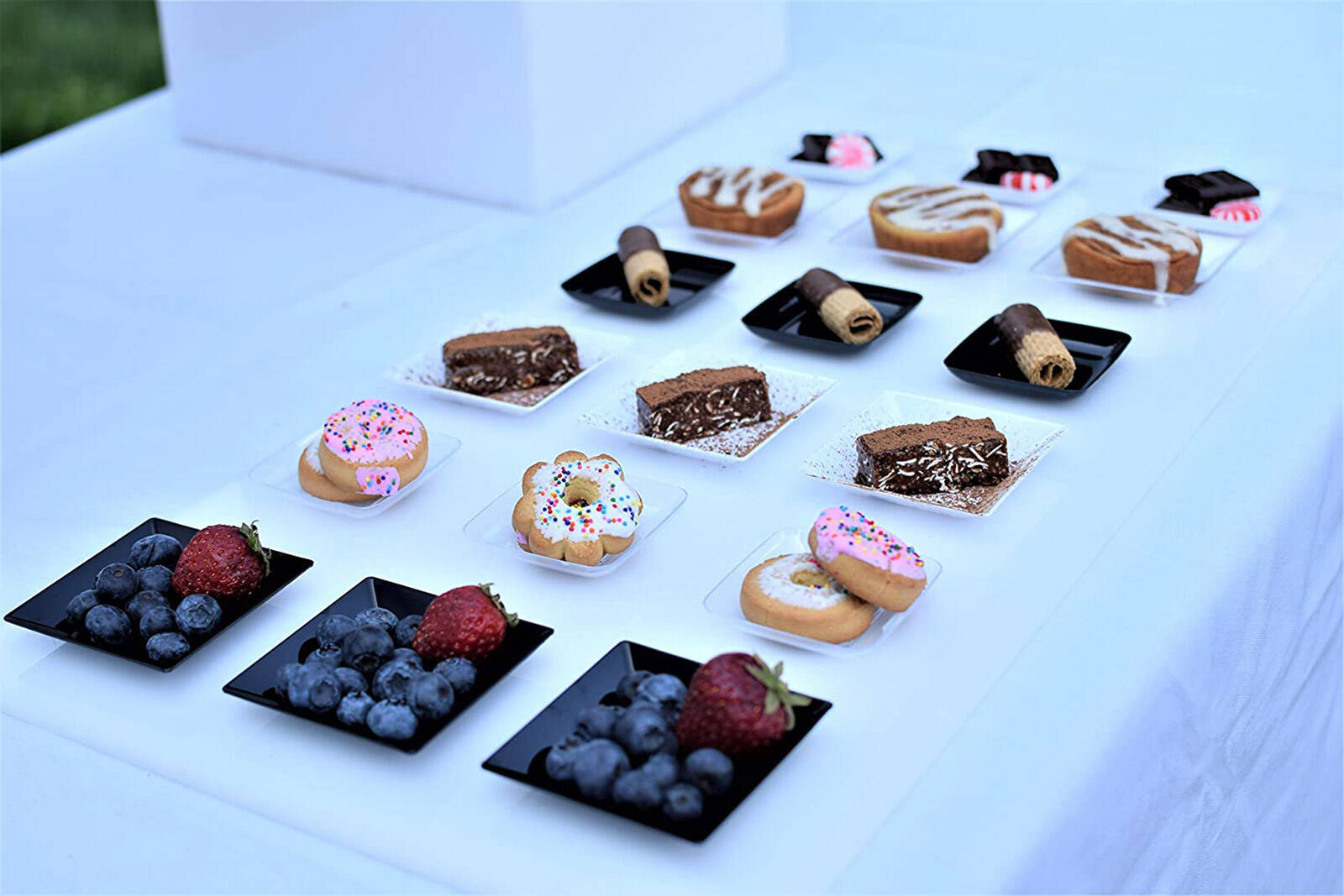 desserts and treats laid out in rows on mini disposable tasting plates