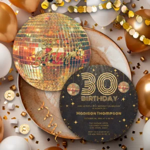 Gold disco ball 30th birthday invitation set with a round dark card for Madison Thompson