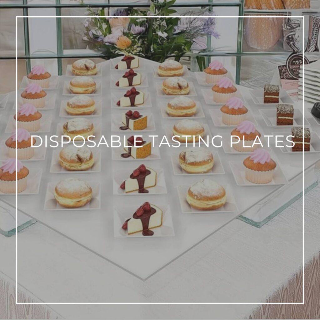 party food arranged in rows on disposable mini tasting plates