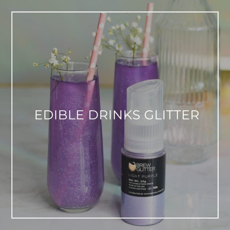 Edible Drinks Glitter title image with two purple glitter champagne flutes and a baby's breath garnish