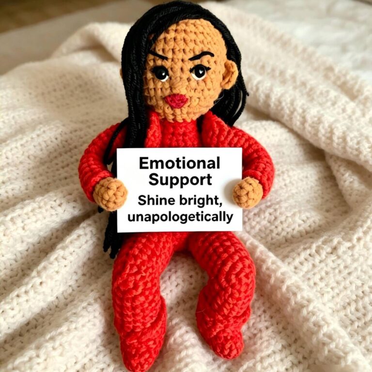 Emotional support Rihanna crochet doll with long dark hair in a red outfit