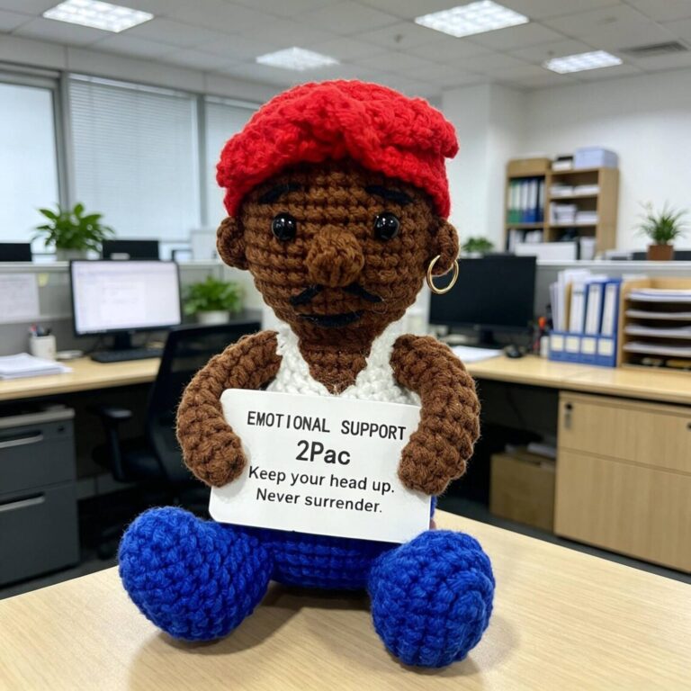 Emotional support Tupac crochet doll with a red bandana, white tank top and hoop earring