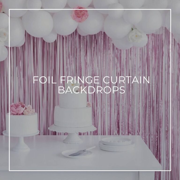 metallic pink foil fringe curtain dessert table party backdrop idea with white balloons above