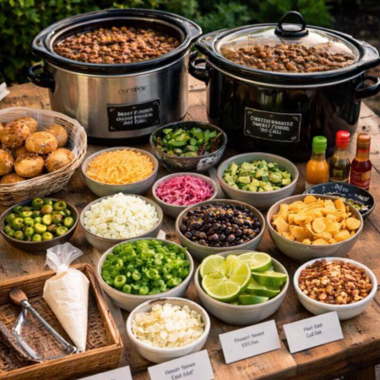 Chili bar with slow cookers and topping bowls including cheese, beans, and lime wedges