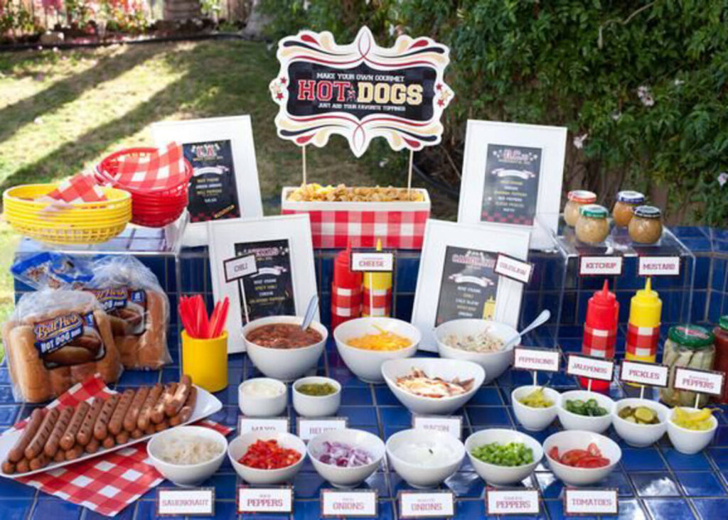 Build your own hot dog bar buffet station with toppings