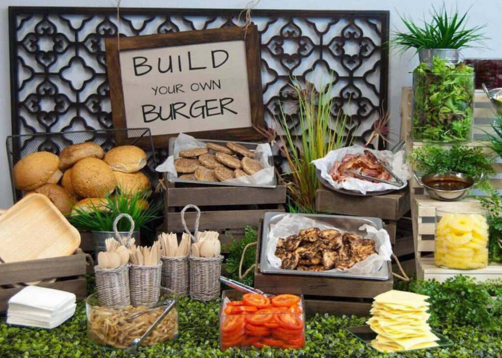 Build your own burger buffet station with buns and toppings