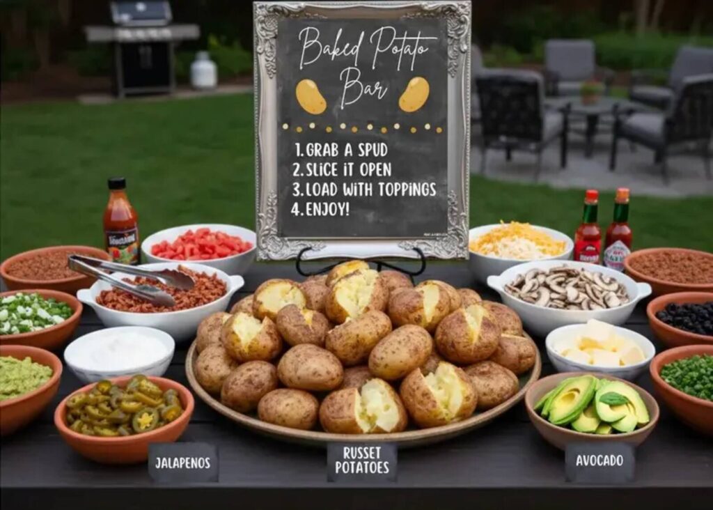 Baked potato bar with russet potatoes and bowls of toppings