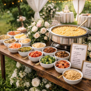 Hors d'oeuvres and appetizers arranged in rows on a modern buffet table / food station