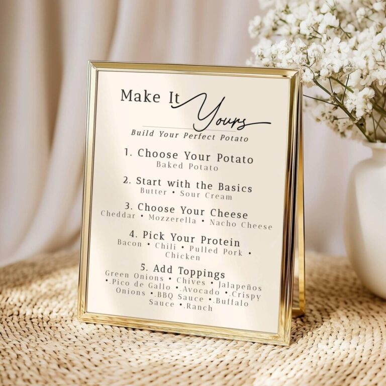 Gold-framed sign titled Make It Yours with step-by-step baked potato bar toppings and protein choices