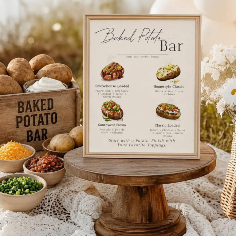 Baked Potato Bar sign showing four topping combos beside potatoes, cheese, bacon, and green onions