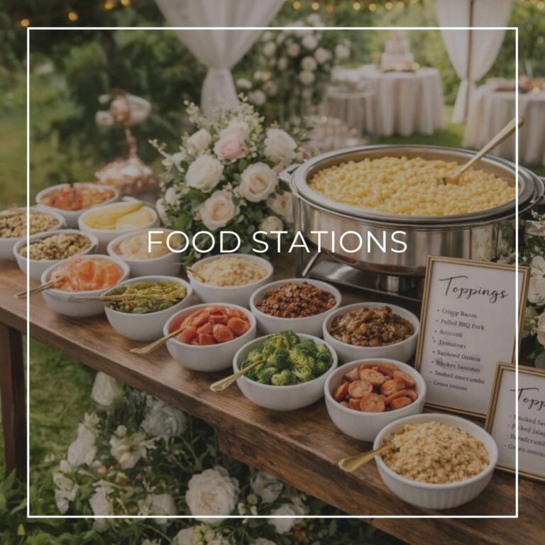 Hors d’oeuvres and appetizers arranged in rows on a modern buffet table / food station