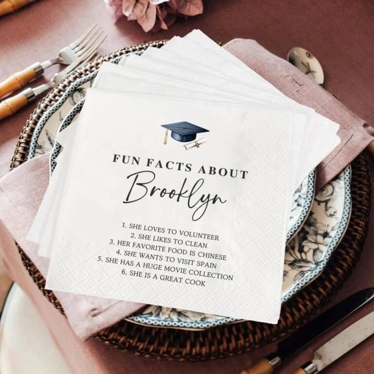 “Fun Facts About Brooklyn” graduation napkins listing 6 facts, styled with grad cap and diploma icon