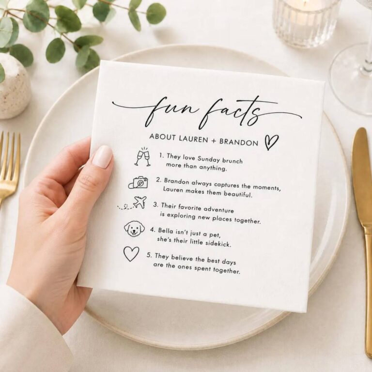 “fun facts about Lauren + Brandon” wedding napkin with 5 numbered facts and heart, camera and plane icons