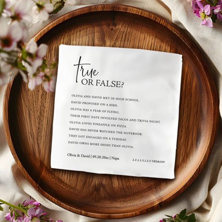 “True or False” wedding trivia napkin for Olivia & David with 8 true/false statements, answers printed upside down