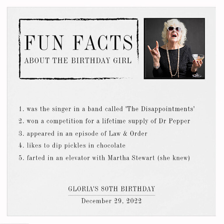 “Fun Facts About the Birthday Girl” napkin with photo and 5 numbered facts for Gloria’s 80th birthday
