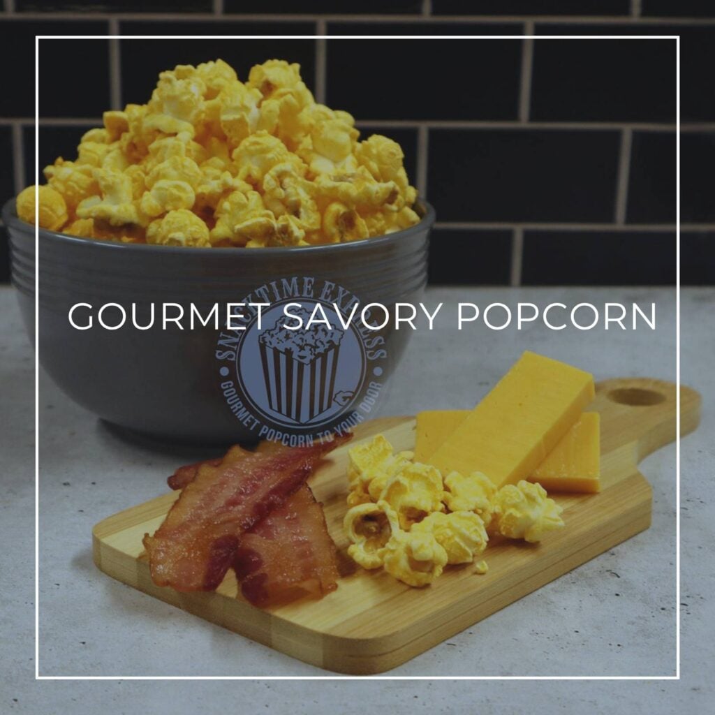 cheese and bacon gourmet savory popcorn in a bowl