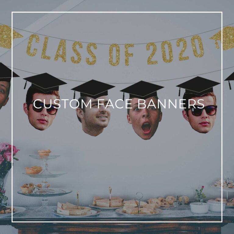 graduation party custom face photo banners showing the graduate at different ages hung above party dessert table