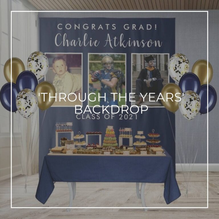 Happy Graduation custom photo retirement party backdrop behind a party dessert table