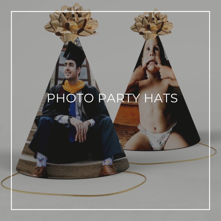 color photo party hats showing the graduate now and as a baby