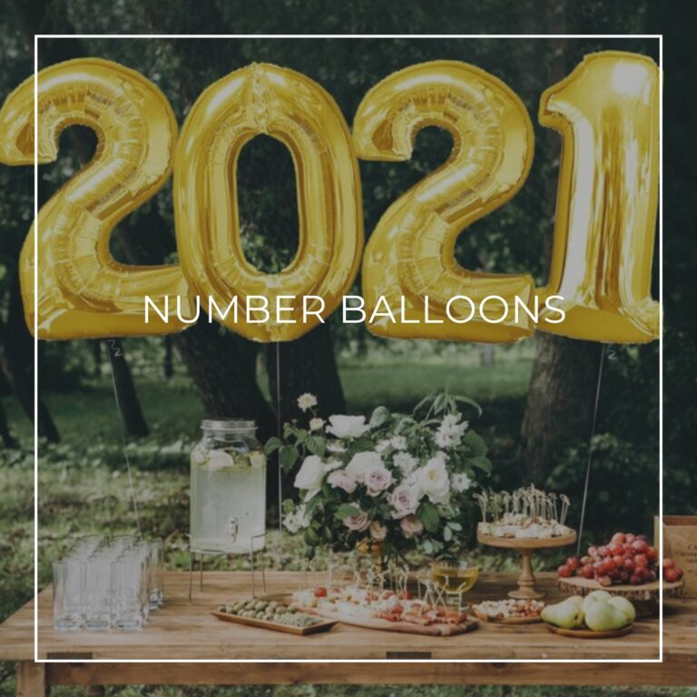 giant number balloons spelling 2021 above a dessert table for a graduation party