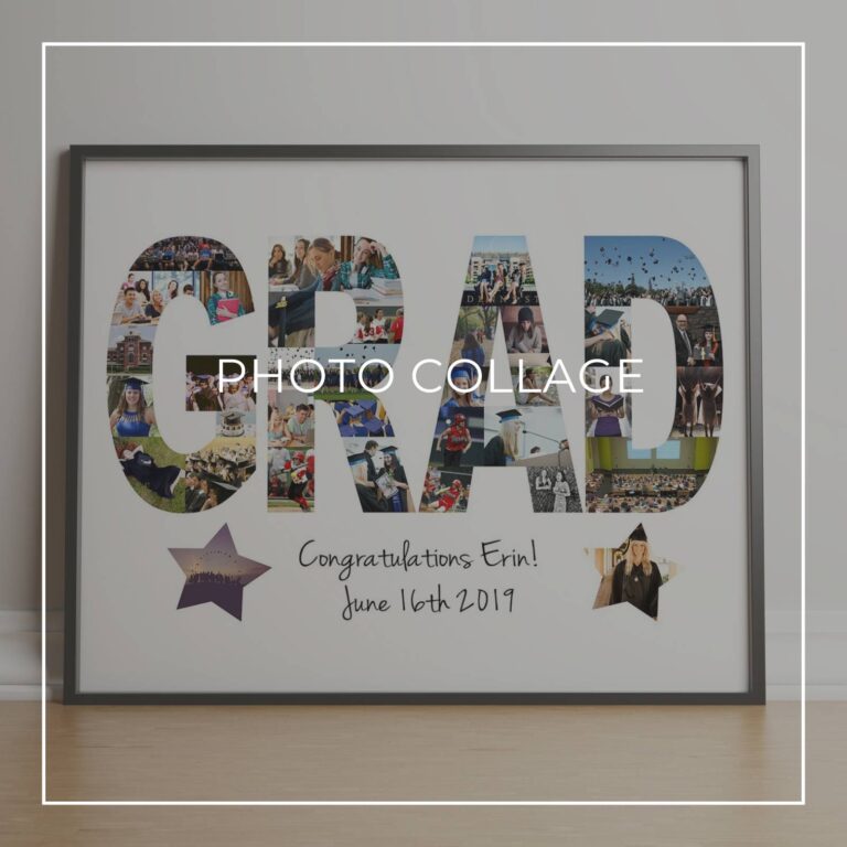 framed graduation photo collage with the word GRAD made up of 'through the years' style photos of the graduate at different ages