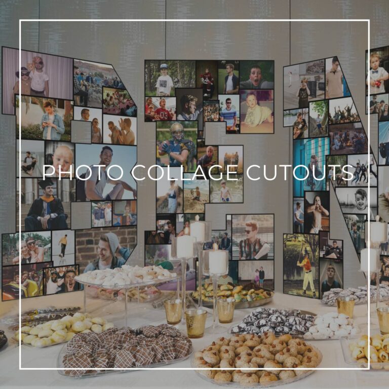 letters B,E,N 'through the years' photo collage cutout standing on a graduation party dessert table showing photos of the graduate