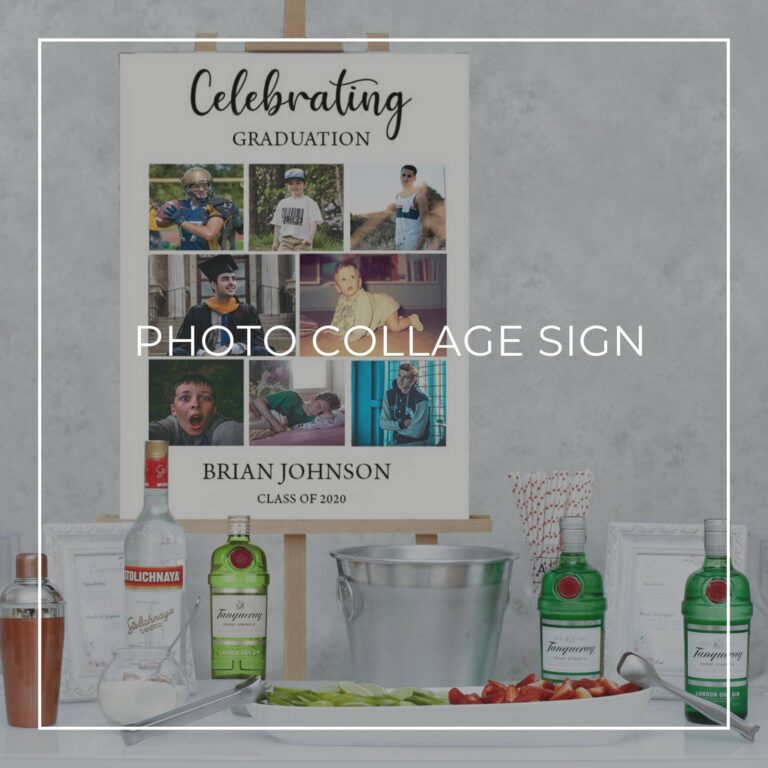 celebrating graduation photo collage sign set up on a party drinks table bar