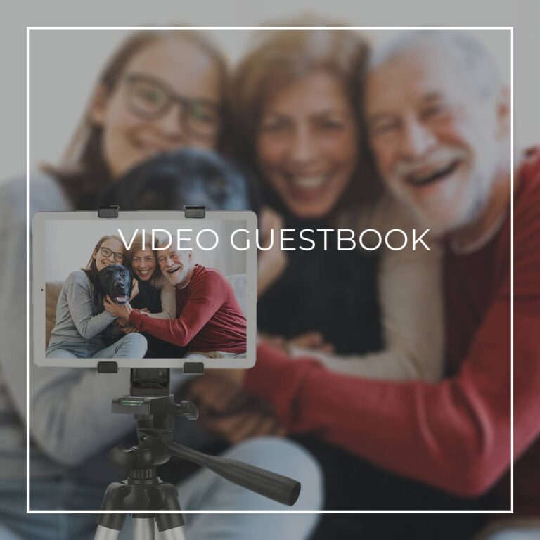 grandparents and grandchild recording a video message on a tablet on a tripod for a graduation party