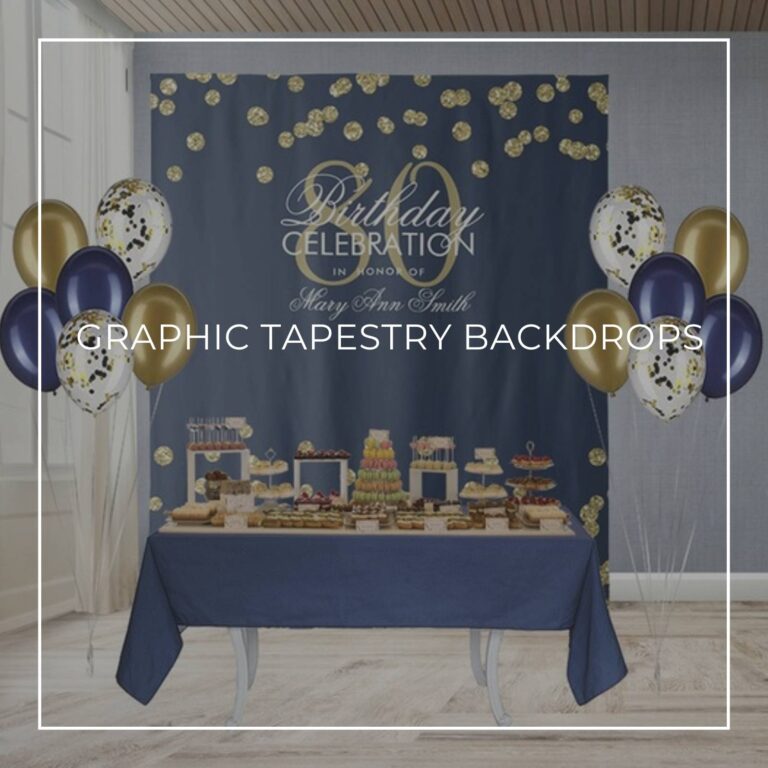 blue with gold sequin custom graphic tapestry dessert table or birthday party backdrop