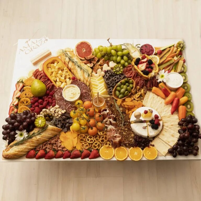 Grazing table close-up with fruit and crackers