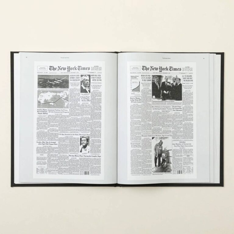Open Historic Headlines Birthday Book showing two original New York Times front pages side by side