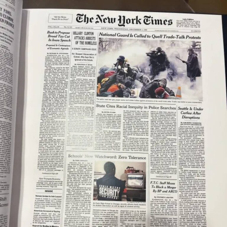 Open Historic Headlines Birthday Book page with a New York Times front page from a 1999 edition