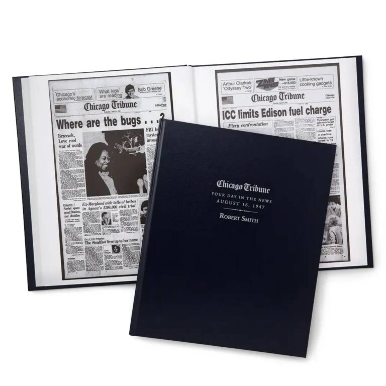 Personalized Chicago Tribune Your Day in the News birthday book cover, open to show original newspaper pages