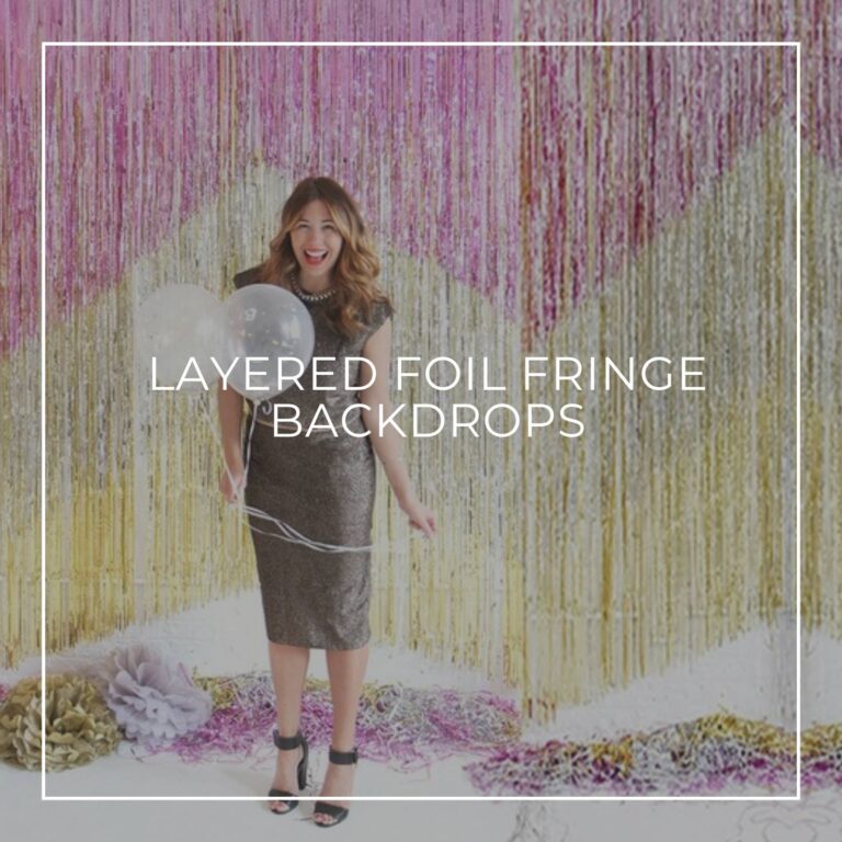 lilac and gold chevron pattern layered foil fringe dessert table / party backdrop idea