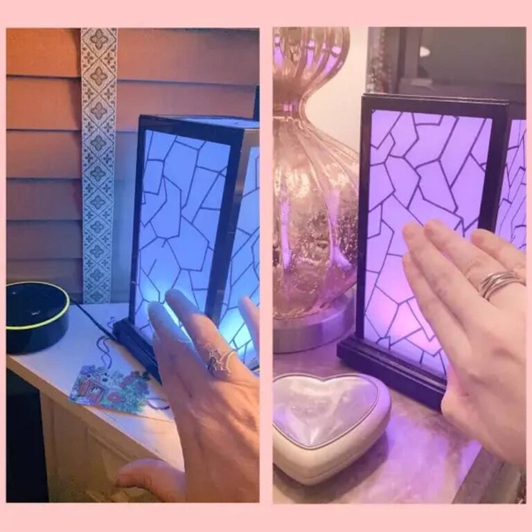 Split view of matching lamps glowing blue and purple as they’re touched