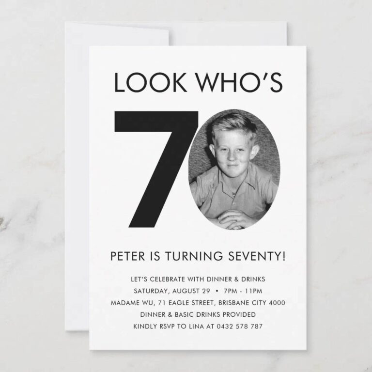 Look Who’s 70 birthday invitation card and envelope mockup with a black and white childhood photo
