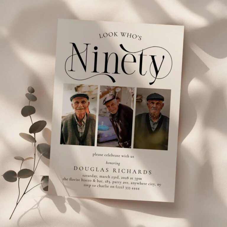 Look Who’s Ninety birthday invitation with three photos of an elderly man in a flat cap