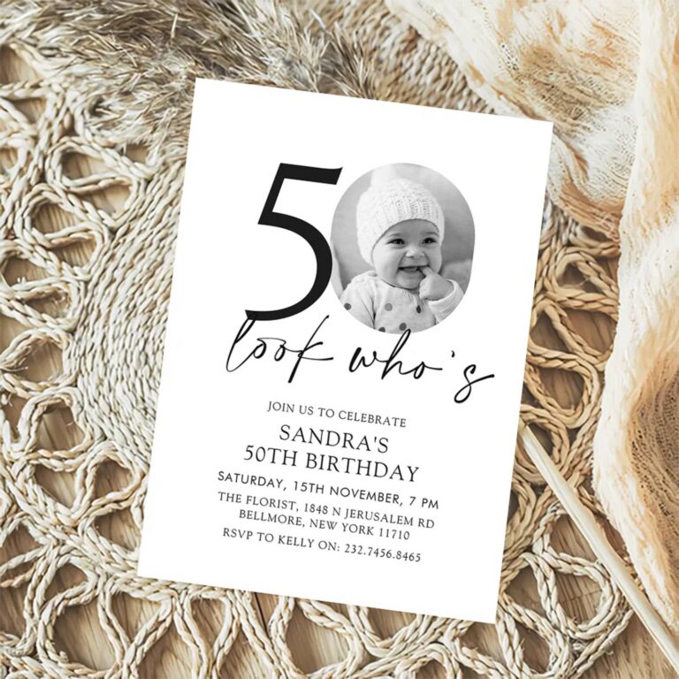 Look Who’s 50 birthday invitation with a black and white baby photo in a pom-pom hat