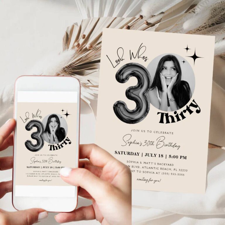 Look Who’s 30 birthday invitation shown on a printed card and phone screen with a black and white photo