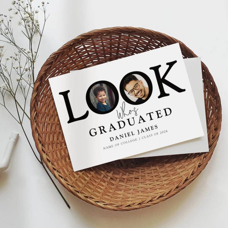 Look Who’s Graduated invitation with childhood and graduation photos in bold LOOK lettering