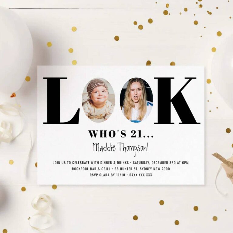 Look Who’s 21 birthday invitation with baby and young woman photos in bold LOOK lettering