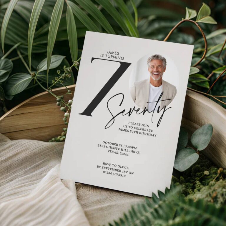 Look Who’s Seventy birthday invitation with a photo of a smiling man against greenery
