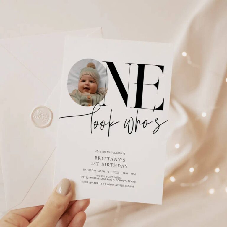 Look Who’s One birthday invitation for a baby’s first birthday with a wax seal envelope