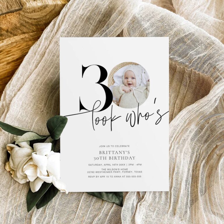 Look Who’s 30 birthday invitation with a baby photo on a floral fabric background