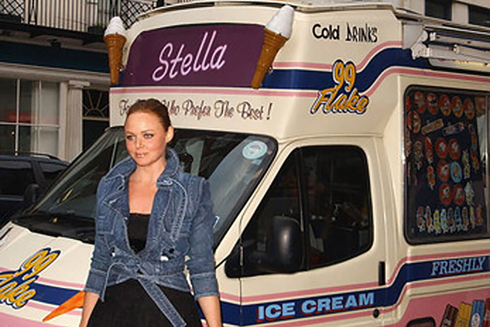 Stella McCartney standing in front of an ice cream van for Stella McCartney boutique launch London produced by Matt James of Leftfield Productions