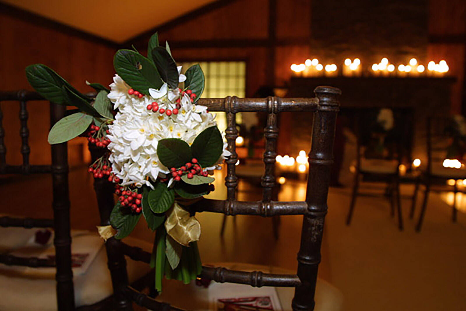 flowers on ceremony chairs at Elvis Costello & Diana Krall wedding produced by Matt James of Leftfield Productions