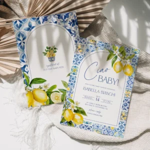 Mediterranean blue and white tile baby shower invitation with lemons reading Ciao Baby for Isabella Bianchi