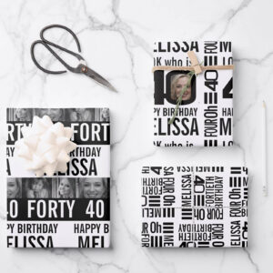 3 gifts wrapped with custom photo 40th birthday gift wrapping paper