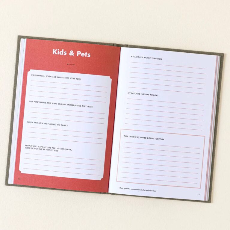 Open Kids and Pets page with prompts for family traditions and favorite memories