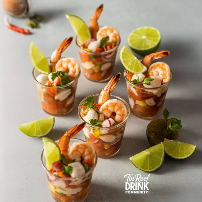 Shrimp ceviche appetizer cups with tomato, red onion, cilantro, and a lime wedge